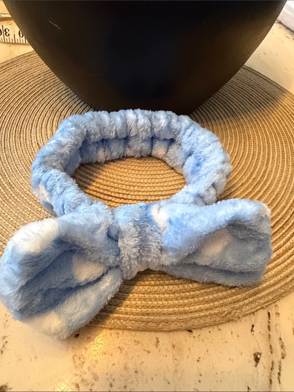 NWOT Plush Soft Light Blue Bow Headband for Kids W/White Clouds Print 4"x4"